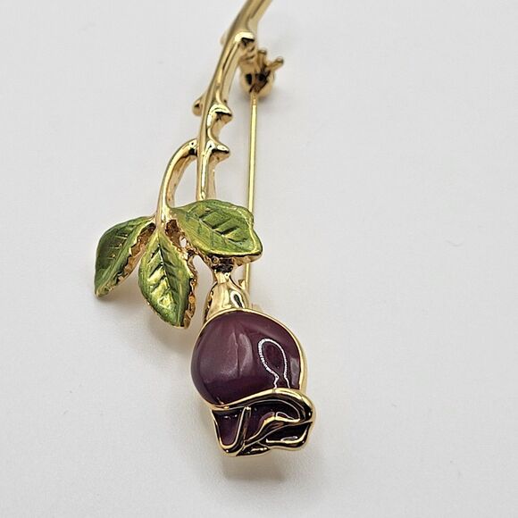 Vintage Brooch Pin Long Stem Red Rose Red Enamel 2.75in - Picture 3 of 4